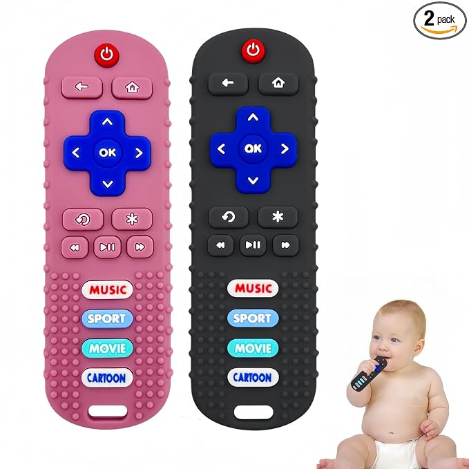 SOLIFEGOBLE 2 Pack Baby Teether Toys,Silicone Remote Teether for Babies,Baby TV Remote Toys,Infant Chew Toys for Babies Chew Toys (Black + Pink)