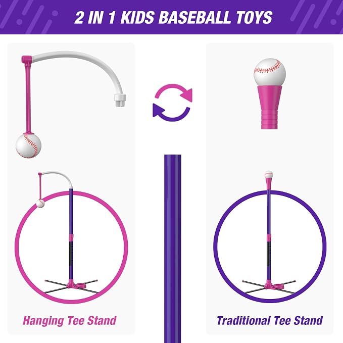 HYES 4 in 1 T Ball Sets for Kids 3-5 with Toss and Catch Ball Set, Hanging Tee Stand with Auto Pitching Machine/ 2 Bats, Indoor Outdoor Toys Baseball Gifts for Toddler Boys Girls, Purple