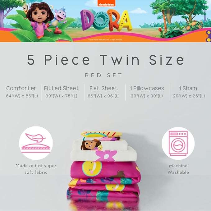 Dora The Explorer Kids Bedding Set Super Soft & Cozy Reversible Microfiber Comforter and Sheet Set with Sham, 5 Piece Twin Size, (Officially Licensed Product) By Franco