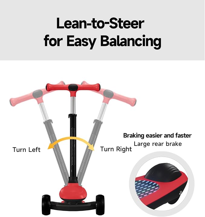 3 Wheel Kick Scooter for Kids, Adjustable Height Foldable Toddler Scooter, Stable Lean-to-Steer Wide Standing Board Scooters