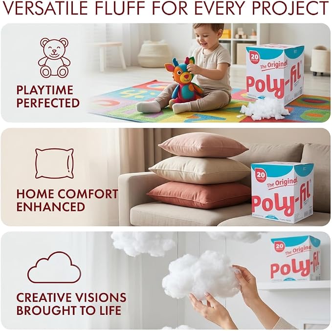 Fairfield The Original Poly-Fil, Premium Polyester Fiber Fill, Soft Pillow Stuffing, Stuffing for Stuffed Animals, Toys, Cloud Decorations, and More, Machine-Washable Poly-Fil Fiber Fill, 20 lbs. Box