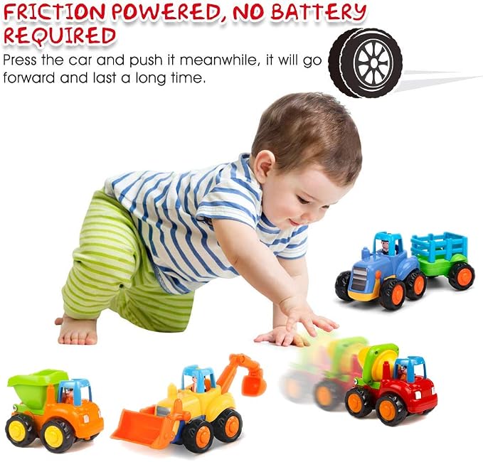 Yiosion Friction Powered Cars Push and Go Trucks Construction Vehicles Toys Set of Tractor Bulldozer Dump Truck Cement Mixer for Baby Toddlers Infants Boys Gifts