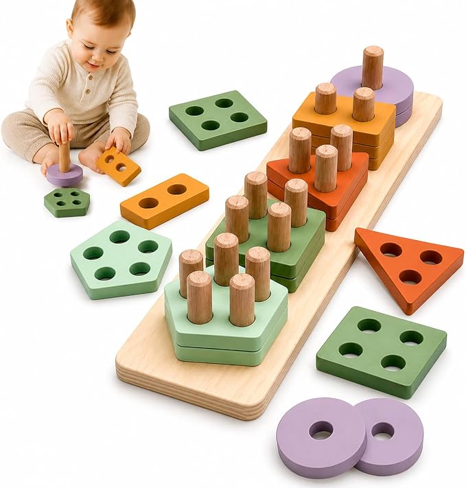 ANGORA BRANDS Montessori Wooden Shape Sorter & Stacking Toy for Toddlers 3+, Educational Puzzle that Builds Fine Motor & Cognitive Skills by Playfully