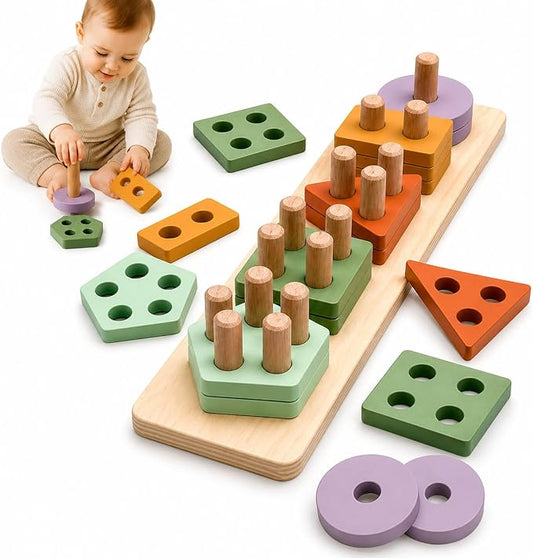 ANGORA BRANDS Montessori Wooden Shape Sorter & Stacking Toy for Toddlers 3+, Educational Puzzle that Builds Fine Motor & Cognitive Skills by Playfully
