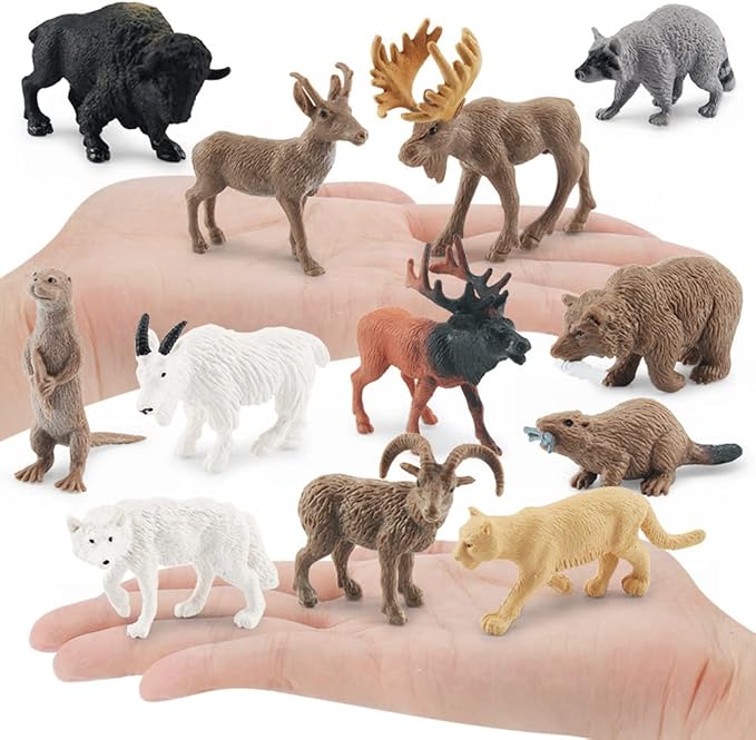 NatureMan North American Animals Set 12PCS Mini Wild Animals Figurines Set cludes Moose Raccoon Cougar, Wolf, Beaver for Children Educational Toy Cake Toppers