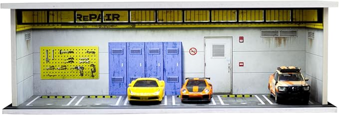 1/64 Scale Display Case Car Garage Moldel, Acrylic Cover Diecast Car Show Case with LED Light 6 Parking Spaces, Hot diecast Wheel Parking Scene (Vehicles Not Included) Repair Shop