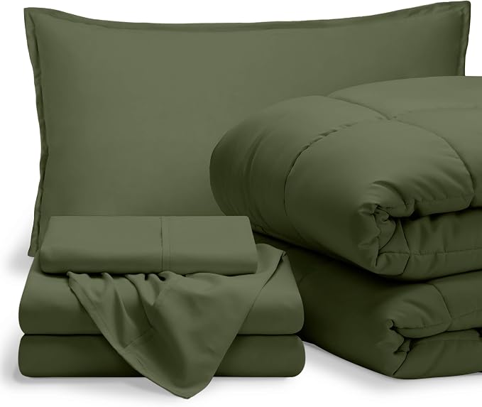 Bare Home Bed-in-A-Bag 5 Piece Comforter & Sheet Set - Twin XL - Goose Down Alternative - Ultra-Soft 1800 Premium Bedding Set (Twin XL, Cypress/Cypress)