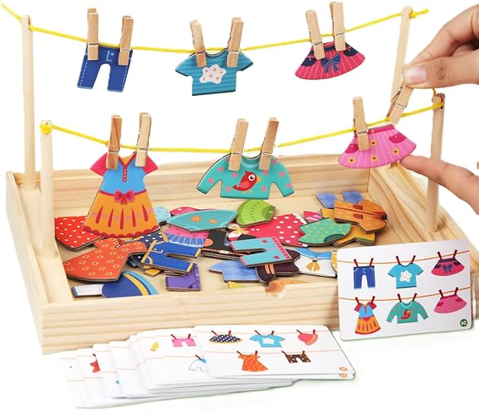 Montessori Practical Life Clothes Hanging Job, Laundry Activity Set with Rope Strings, Clothespins & Dress-Up Air Drying Game Airing Clothes for Toddlers Kids Ages 2-6, Classroom Educational Toy Gift