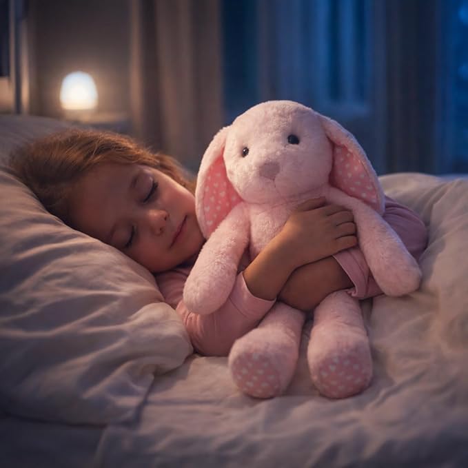 WEIGEDU Pink Rabbit Bunny Stuffed Animal Plush Toy | 17.7“, Floppy Ears, Heart Print, Birthday Nursery Décor, Easter Christmas Bedtime Gift