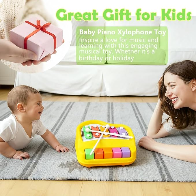 2 in 1 Xylophone for Toddlers, Baby Xylophone Piano Toy with 5 Multicolored Key Scales and Two Mallets for Kids, Educational Musical Learning Instruments Toy for Boys and Girls (Yellow)