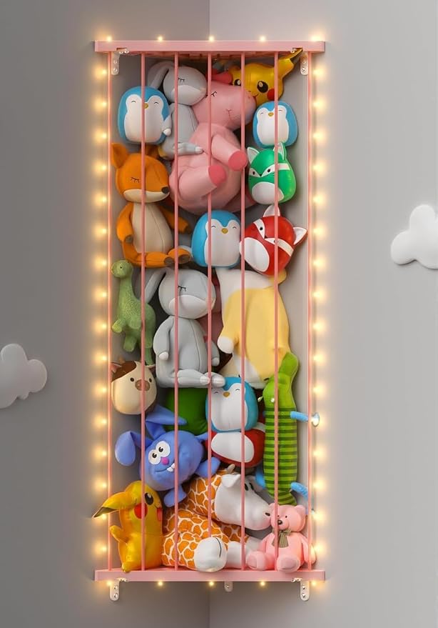 Stuffed Animal Storage Shelf Organizer(Patented) - Corner Stuffed Animal Holder Length Adjustable - Wall Plush Storage for Nursery Playroom Bedroom Kids Room (Pink+Light, Standard)