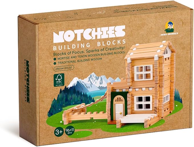 Jovi-mindly＆Notchies Building Blocks Set Wooden Blocks Toys (107 pcs) with Storage Bag, Educational Classic Wooden Blocks for Toddlers Ages 3+ Boys and Girls Aged Birthday Gift (with Printed Manual)