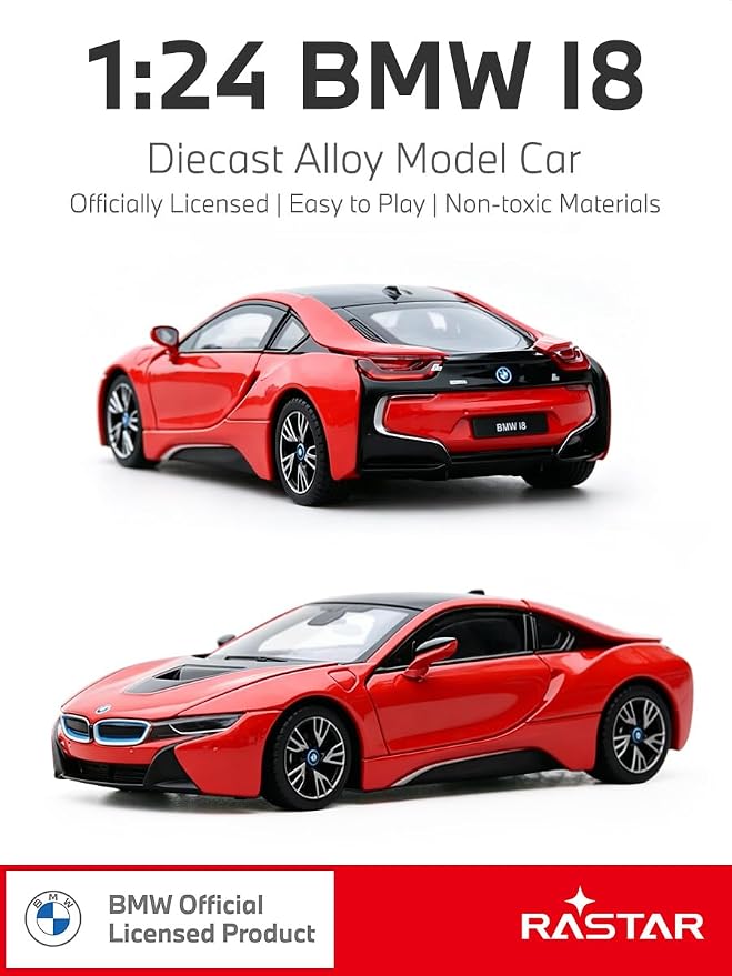 RASTAR 1/24 Diecast Model Car BMW i8, Durable & Collectible, 56500 | Officially Licensed, Ideal Gift, Rich Detail, Openable Doors & Hood, Zinc Alloy, Smooth Rolling Wheels, Play & Display