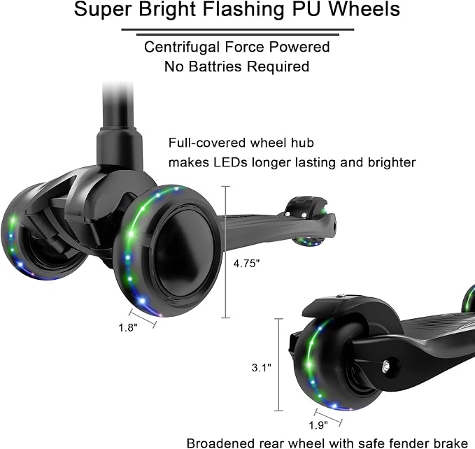 Allek Kick Scooter B03, Lean 'N Glide 3-Wheeled Push Scooter with Extra Wide PU Light-Up Wheels, Any Height Adjustable Handlebar and Strong Thick Deck for Children from 3-12yrs (Black)