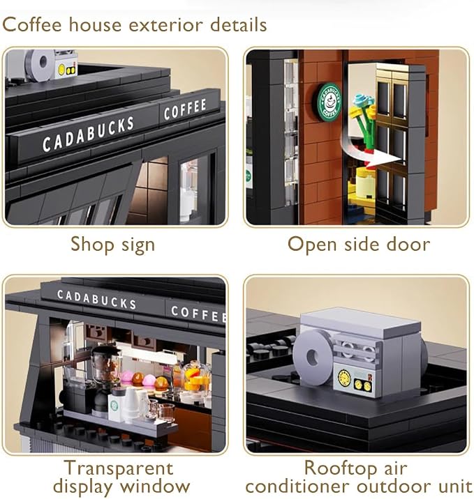 Coffee House Building Blocks Set with Lights, Detailed Street View Architecture Model, Café Interior & Accessories, Gift for Teens Adults 14+(768pcs)