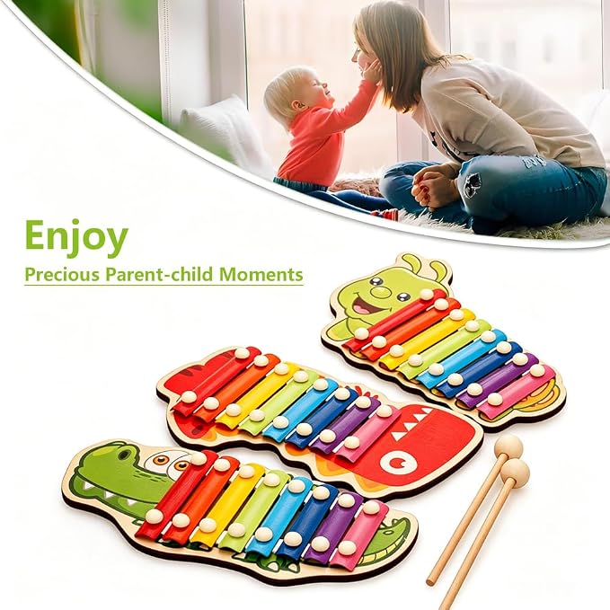 Xylophone for Toddlers, Animal Shape Wooden Baby Xylophone with 8 Scales and 2 Mallets,Colorful Kids Musical Instrument Educational Montessori Toys (Crocodile)