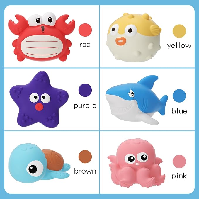Bath Toys for Toddlers 6-12-18 Month, Bathtub Toys with 6 Baby Bath Animals, No-Hole Design Keeps Dry, Floating Toys Set for Baby 1 Year Old Boys & Girls (6 Pack)