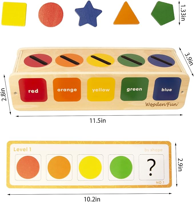 WOODENFUN Color Shape Sorting Toy for Toddler, Wooden Montessori Shape Sorter Color Matching Box Game, Learning Sensory Toys Gift for Boy Girl 3 Year Old