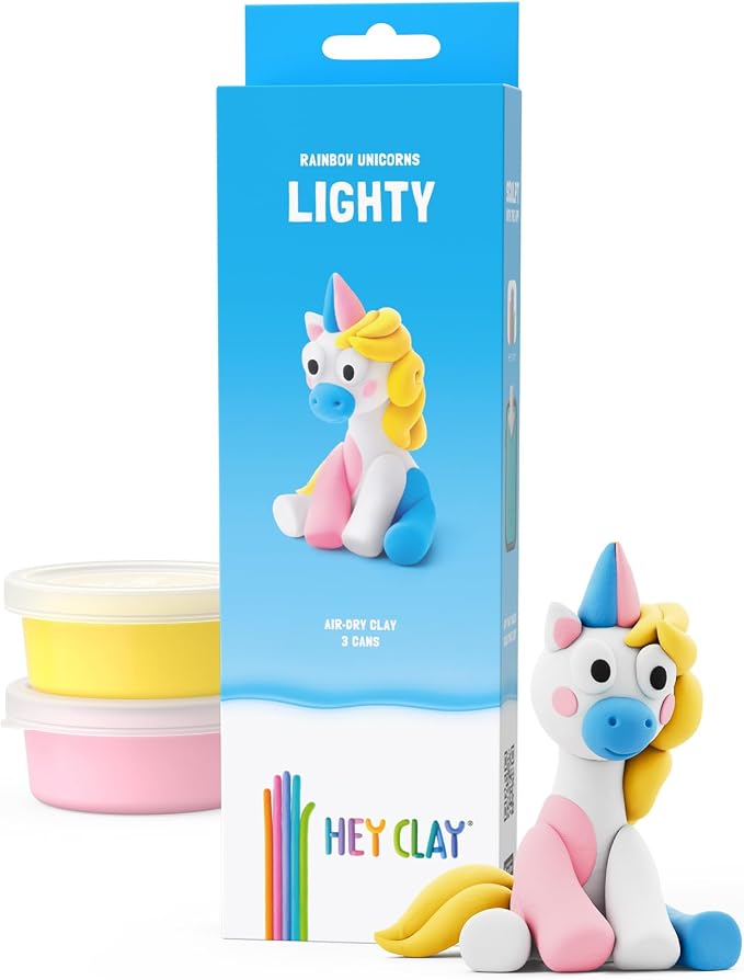 Hey Clay - Modelling Air-Dry Clay with Fun Interactive App - Lighty, Series Rainbow Unicorns, 3 cans