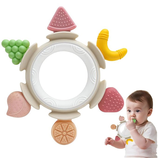 Baby Teething Toys for Babies 3-6 Months, Teething Rings for Sore Gum Relief, Silicone Baby Teether Toys 6-12 Months, Sensory Chew Toy Infant Teether Baby Essentials Gift for Girls Boys, Brown