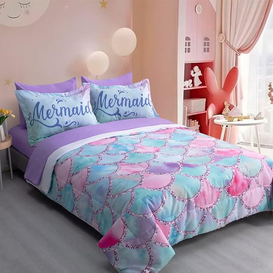 Wajade Kid Mermaid Scale Comforter Bedding Set Full Size, Colorful Rainbow 3D Fish Scale 7 Pieces Soft Bedding Sets with Comforter, Sheet, Pillowcase and Sham for Girls