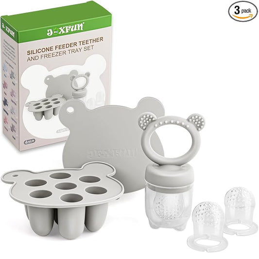 JEXFUN Baby Fruit Food Feeder & Mini Freezer Nibble Tray Combo, Breastmilk Popsicle Molds for Baby Cooling Relief, BPA Free Silicone Feeder for Safe Infant Self Feeding, 4 Month+ (Light Grey)