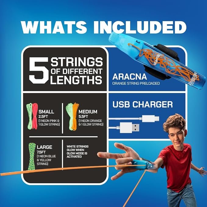 ZipString Aracna Glow-in-the-Dark Webshooter – Superhero String Launcher Toy for Kids, Teens & Adults – Patented, Reloading, Durable & Viral Web Shooting Action Toy for Endless Tricks & Epic Battles