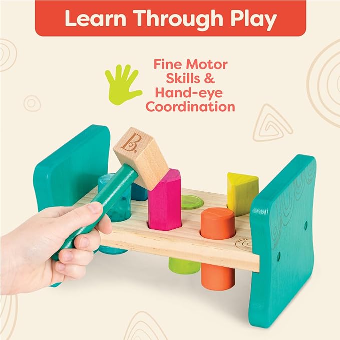 B. toys – Wooden Shape Sorter – Pounding Bench for Shape Sorting – 6 Pegs & Toy Hammer – Classic Toys for Toddlers, Kids – 2+ Years – Colorful Pound & Play