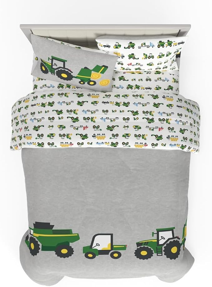 Franco Kids John Deere Farm Equipment Bedding 5 Piece Super Soft Comforter and Sheet Set, Queen, (Officially Licensed Product)