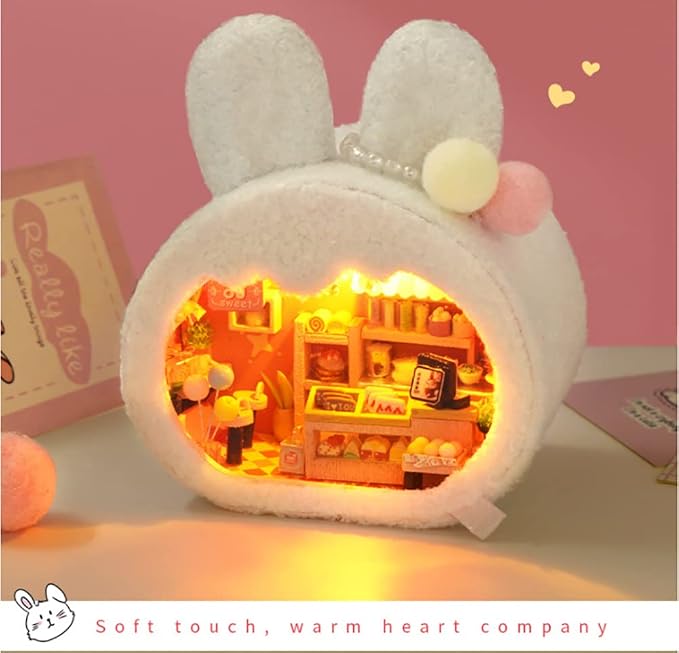 Miniature Dollhouse Kit DIY Wooden Dolls House,Tiny House kit with Furniture, Great Handmade Crafts Gift for Birthday Valentine's Day (Rabbit Dessert Shop)
