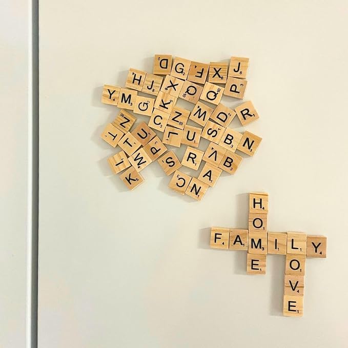 YJ PREMIUMS 52 PC Wood Magnetic Letter Tiles Magnets | Big Large Square Wooden Alphabet Letters Tile Magnet Pieces for Fridge Refrigerator wall | Fun novalty Decorative Game Board for Adults