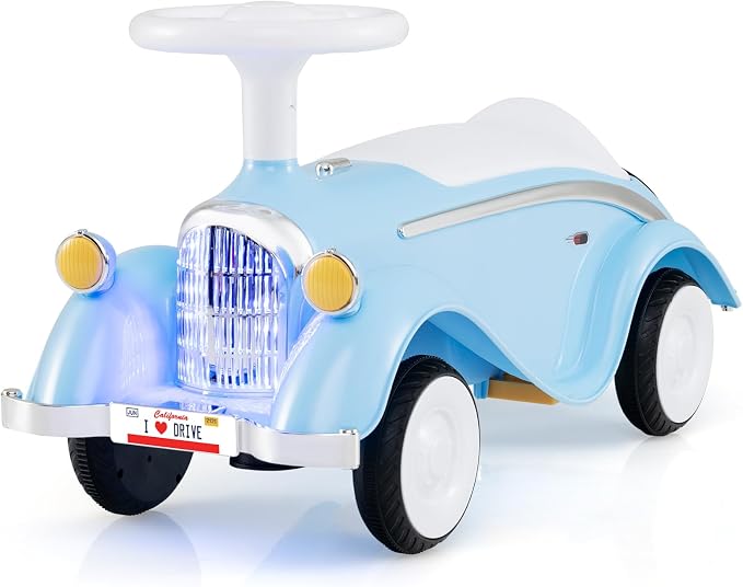 Costzon Toddler Ride On Toy, Classic Foot to Floor Sliding Car w/Steering Wheel, Horn, Headlights & Under Seat Storage, Kids Push Ride-Ons, Retro Baby Ride On Toys for Boys Girls 19-36 Months (Blue)