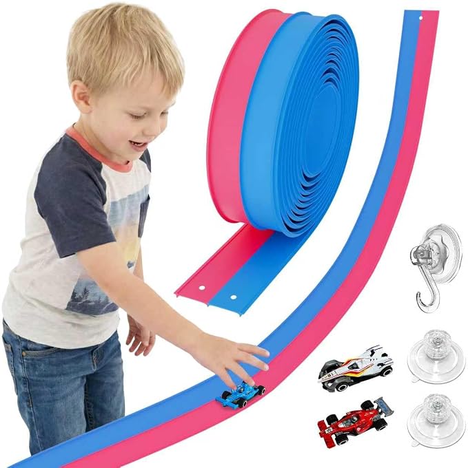 15 Ft Flex Race Car Track for Kids, Flexible Track with 3 Cars, 3 Suction Cups, Compatible with 1:64 Diecast Cars, Window Tile Racing Toy Ages 3+, Red Blue