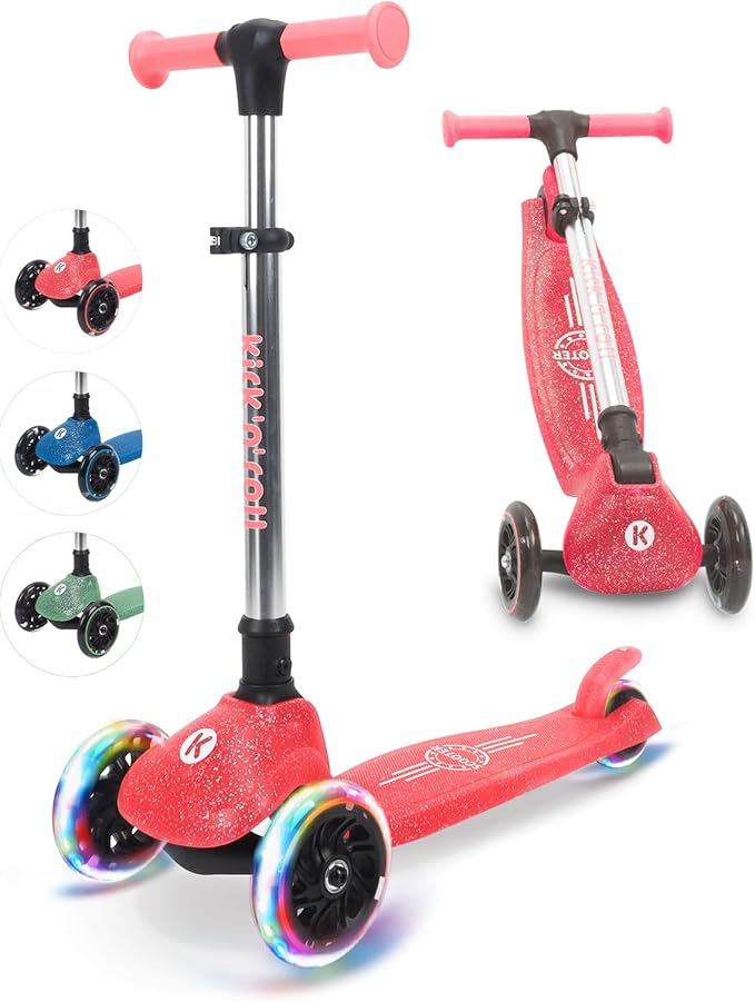 Kicknroll Kids Scooter Light Up 3 Wheel Toddler Kick Scooters with Jelly Glitter Anti-Slip Deck and LED Wheels, 4 Adjustable Heights, Foldable, Lean-to-Steer Design for Girls & Boys 3-12 Max 110 Lbs