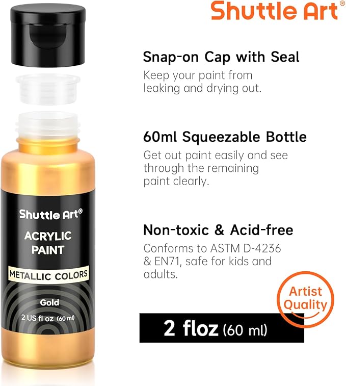 Shuttle Art 30 Colors Metallic Acrylic Paint, Artist Grade Metallic Paint in Bottles (60ml, 2oz), Rich Pigmented, High Viscosity, Non-Toxic for Artists, Beginners on Rocks Crafts Canvas Wood Fabric
