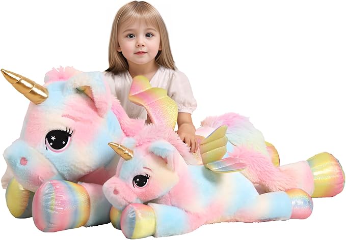 FFxiong 44 Inch Giant Color Unicorn Stuffed Animal Pillow, Cute Soft Big Unicorn with Rainbow Wings Large Plush Toy, Gifts for Girlfriend Girl Boy Kids Christmas Birthday Valentines