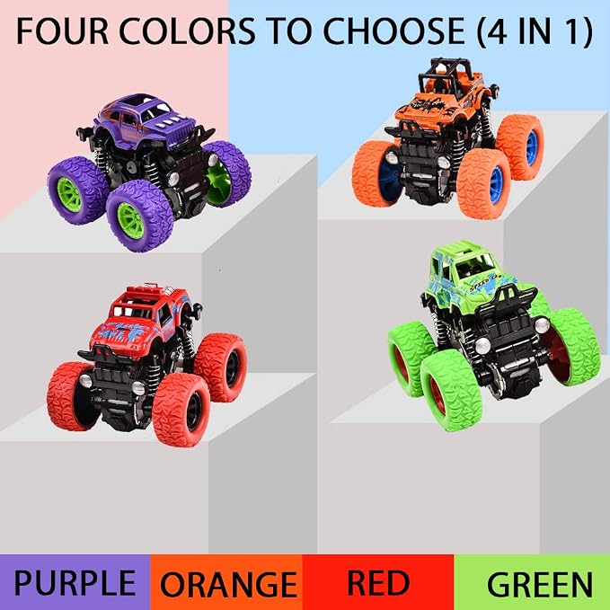Monster Trucks for Boys, 4 Pack Pull Back Vehicles Cars for Toddlers, 360° Rotation 4 Wheels Drive Durable Friction Cars Powered Push and Go Toys Truck Playset Gift for 3 4 5 6 7 8 Year Old Kids Girls