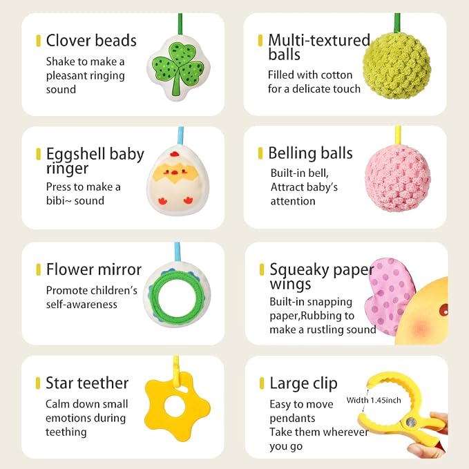 Carseat Toys Hanging for Babies 0-6 Months Boy Girl – Chicken Pull String Baby Toy with Crinkle, Rattle, Mirror, BB Squeaker – Crib Toys Hanging, Stroller, Car Seat Toy, Baby Hanging