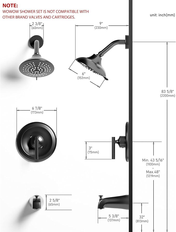 Bronze Shower Tub Faucet Set: WOWOW Single Handle Bathroom Shower Trim Kit with 6-Inch Rain Shower Head and Tub Spout, Oil Rubbed Bronze Shower Combo Wall Mount (Valve Included)