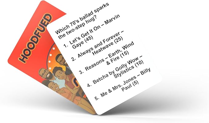 HoodFued Music Edition – Black Culture Hip Hop and RNB Soul Trivia Deck for Game Night, 76 Survey Questions, 2-Team Feud-Style Play, Portable Party Fun for Cookouts & Dorms