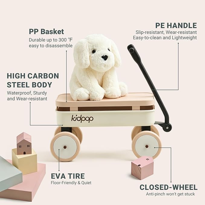 Kidpop Kids First Pull-Along Wagon with Removable Cover and Basket for Storage, 4-in-1 Push Pull Toy Cart for Toddlers, Lightweight (5.5 lbs), 1st Birthday Gift (White)