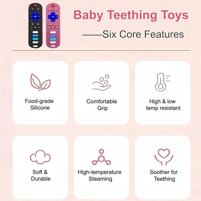 2Pcs Baby Teething Toys, BPA-Free Food Grade Silicone Baby Remote Control Teething Toy for 3-18 Months, Teething Relief Baby Toys, Teething Relief Newborn TV Remote Shaped Toy (Black&Pink)