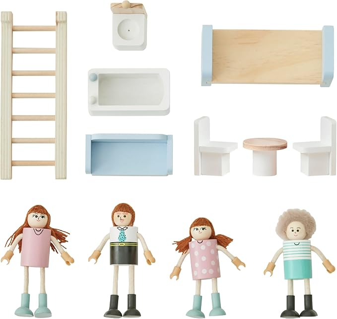 Olivia's Little World Wooden Cottage Dollhouse with 12 Accessories & 4 Figurines – Portable 2-Story Playhouse for 3.5" Dolls – Foldable Miniature Toy House for Girls Ages 3+