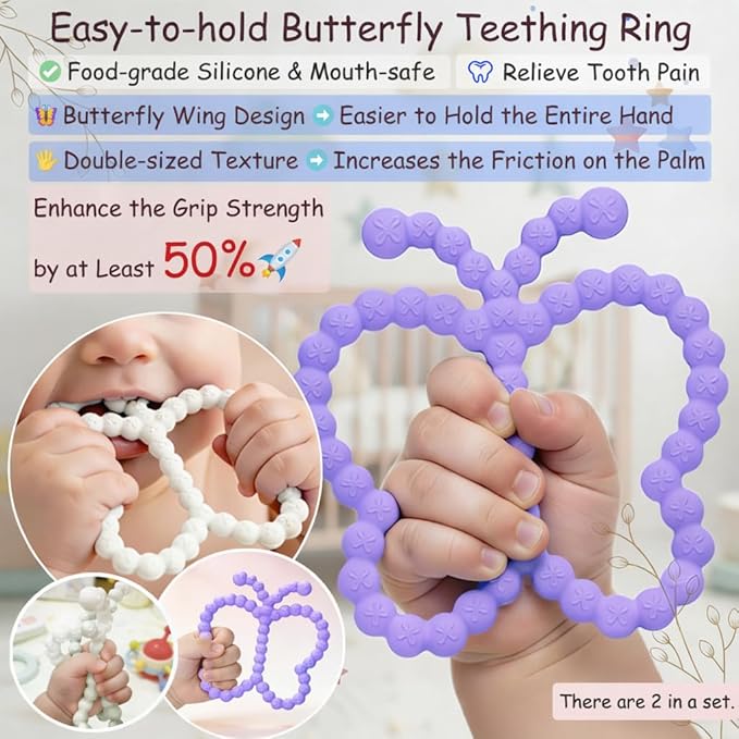 2 Pcs Baby Teething Toys Silicone Butterfly Teething Rings Over 3 Months - Baby Essentials Sensory Chew Toys -Baby Teether for Teething Relief -BPA Free Infant Toys Baby Shower Gifts (2, White,Purple)