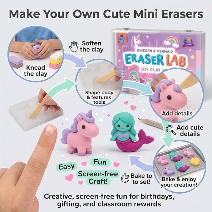 PURPLE LADYBUG Eraser Lab Mermaid & Unicorn Eraser Making Kit - Birthday Gift for Girls Ages 5-10, Make Your Own DIY Clay Eraser Kit, Gift for 7 Year Old Girl, Back to School Supply