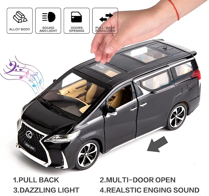 WAKAKAC Model Car 1/24 LM300 MPV Alloy Pull Back Metal Collectible Toy Car with Light and Sound, Toy Vehicle Door Can be Opened, Gift Black