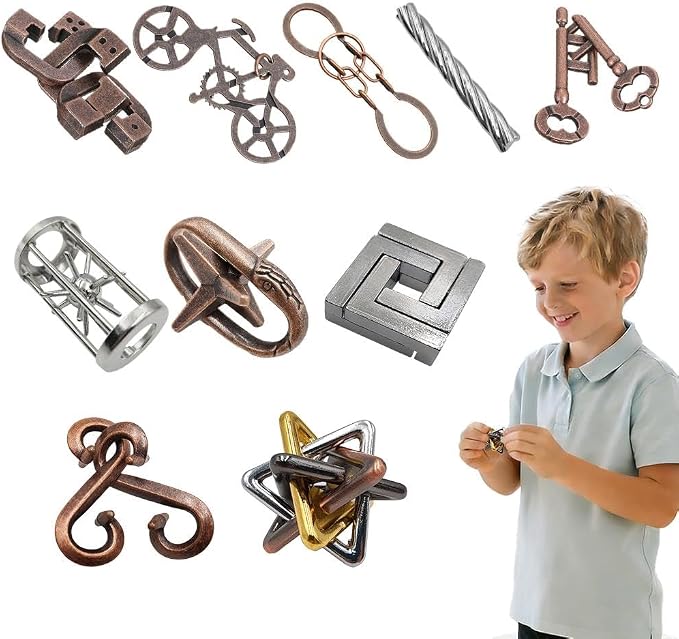 10 Piece Metal Brain Teaser Puzzles Set for Adults & Teens, Challenging IQ Lock Puzzles, Zinc Alloy Mind Game for Critical Thinking & Stress Relief, Collection for Puzzle Lovers
