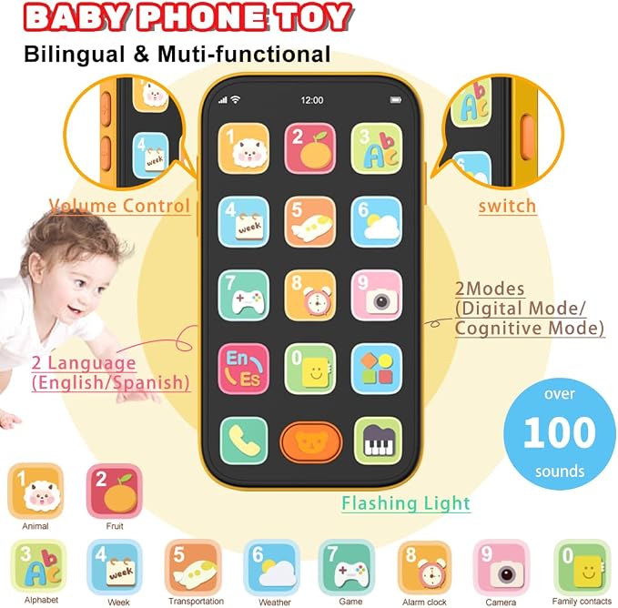 Baby Phone Baby Keys Toys Set, Bilingual Play Phone and Toy Keys for Toddlers 1-3, Musical Early Learning Toys with Sounds Lights for 1 Year Old Boys Girls Infant Age 6+ Months