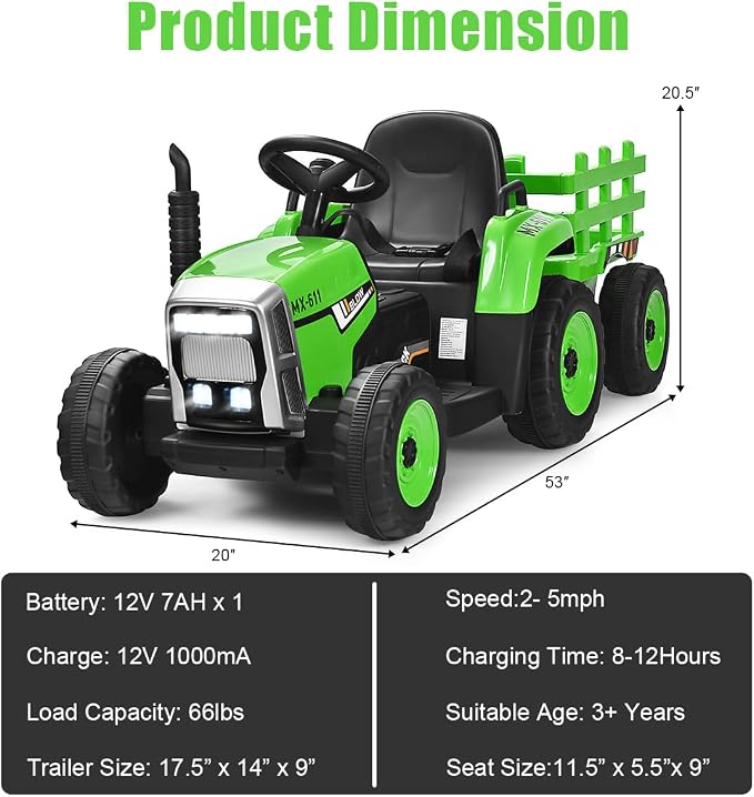 Costzon Ride on Tractor with Detachable Trailer, Kids' Electric Vehicles w/3-Gear-Shift Ground Loader, Wireless Design & USB, 7 LED Headlights, Remote Control Tractor Toy for Kids 3+ (12V, Green)