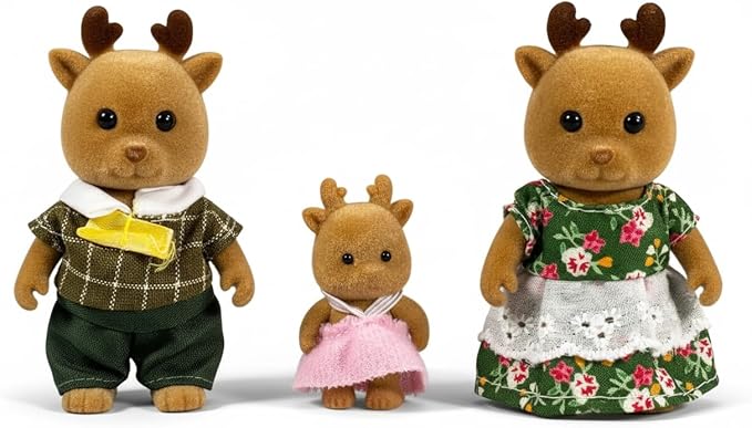 Family Brown Deer Figures — Set of 3 Collectible Flocked Mini Dolls with Removable Clothes, Dollhouse Pretend Play Set for Kids Ages 3+